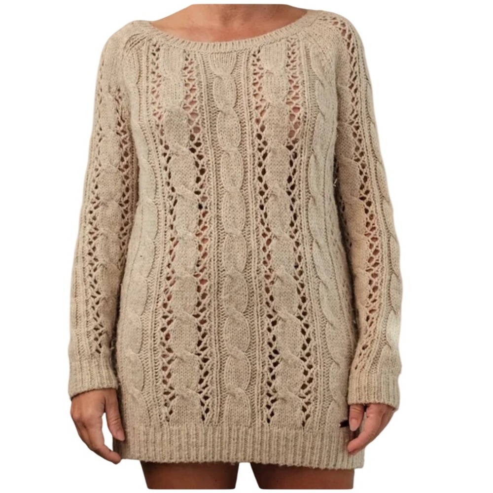 Abercrombie & Fitch Knit Sweater Dress Cable Knit Open Weave Beige S